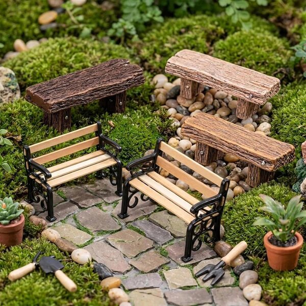 Set 3 Mini Banchi in Resina per Giardino Fatato e Decorazioni Case delle Bambole