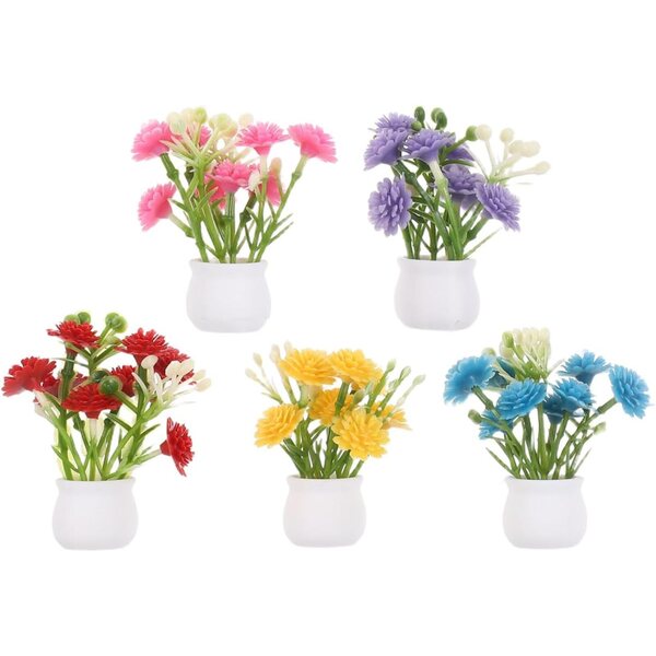 Set 5 Vasi Miniatura con Fiori Artificiali Colorati per Casa delle Bambole 1:12