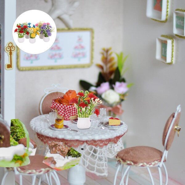 Set 5 Vasi Miniatura con Fiori Artificiali Colorati per Casa delle Bambole 1:12