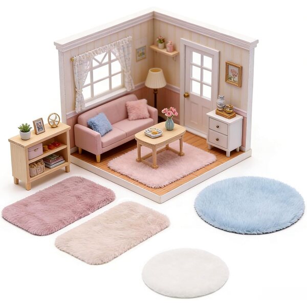 Set 4 Tappeti 1:12 per Casa delle Bambole in Peluche Morbido e Colorato