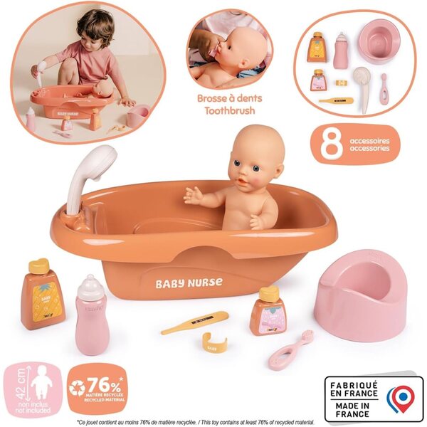 Baignoire- und Zubehörset Smoby Baby Nurse mit 8 Zubehörteilen aus recyceltem Material
