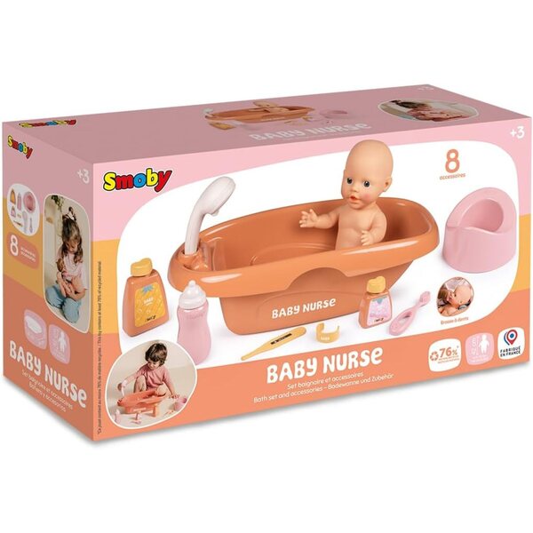 Baignoire- und Zubehörset Smoby Baby Nurse mit 8 Zubehörteilen aus recyceltem Material