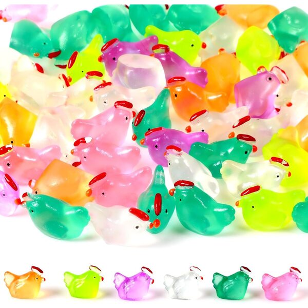 Set 50 Mini Figurine di Pollo Fosforescenti in Resina per Decorazioni e Giardinaggio