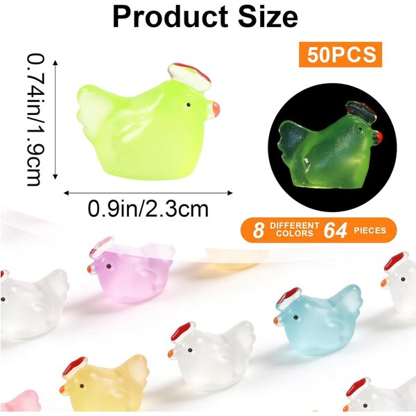 Set 50 Mini Figurine di Pollo Fosforescenti in Resina per Decorazioni e Giardinaggio