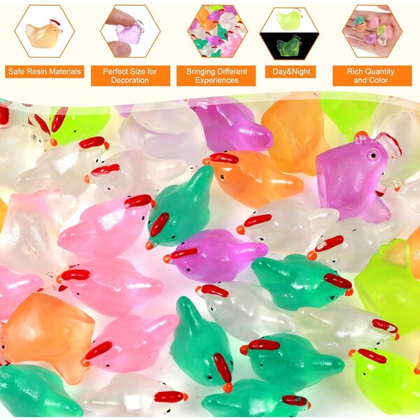 Set 50 Mini Figurine di Pollo Fosforescenti in Resina per Decorazioni e Giardinaggio