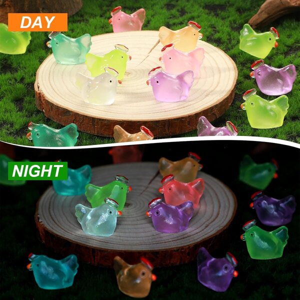 Set 50 Mini Figurine di Pollo Fosforescenti in Resina per Decorazioni e Giardinaggio