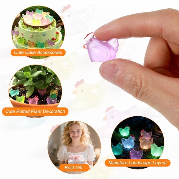 Set 50 Mini Figurine di Pollo Fosforescenti in Resina per Decorazioni e Giardinaggio