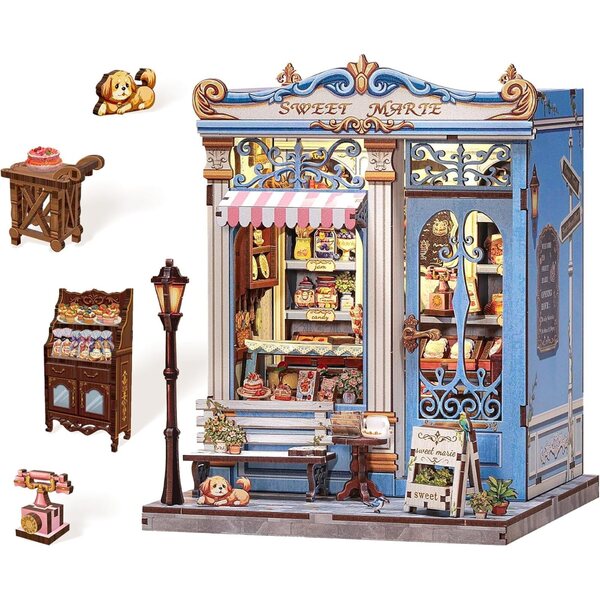 Book Nook Vintage Maison Française Miniatur-Set mit warmem LED-Licht – elegante DIY-Gebäckherstellung