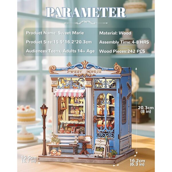 Book Nook Vintage Maison Française Miniatur-Set mit warmem LED-Licht – elegante DIY-Gebäckherstellung