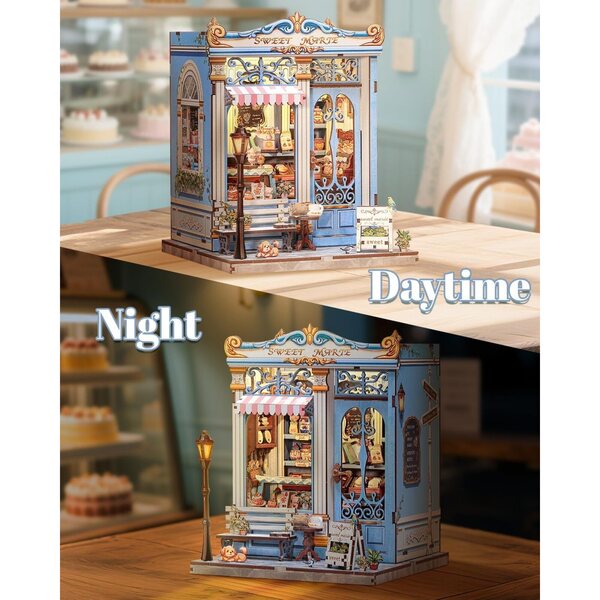 Book Nook Vintage Maison Française Miniatur-Set mit warmem LED-Licht – elegante DIY-Gebäckherstellung