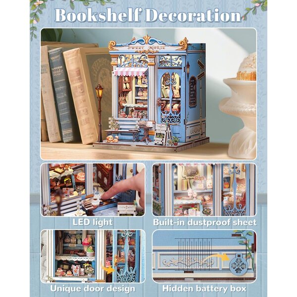 Book Nook Vintage Maison Française Miniatur-Set mit warmem LED-Licht – elegante DIY-Gebäckherstellung