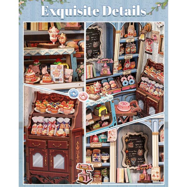Book Nook Vintage Maison Française Miniatur-Set mit warmem LED-Licht – elegante DIY-Gebäckherstellung