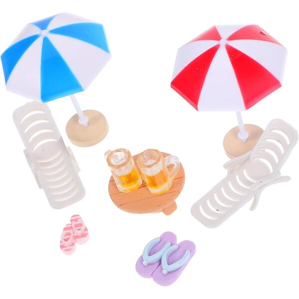 TOYANDONA Miniatur-Strandzubehör für Puppenhäuser – Sonnenschirm, Stühle und Tisch
