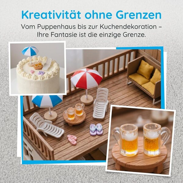 TOYANDONA Miniatur-Strandzubehör für Puppenhäuser – Sonnenschirm, Stühle und Tisch