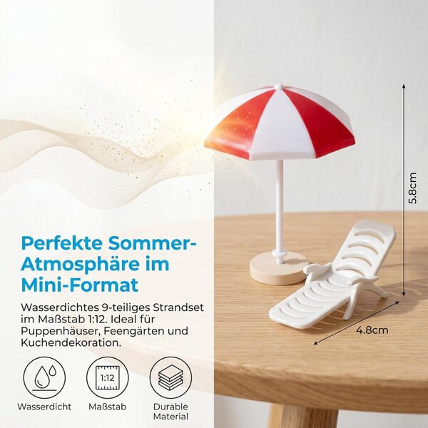 TOYANDONA Miniatur-Strandzubehör für Puppenhäuser – Sonnenschirm, Stühle und Tisch