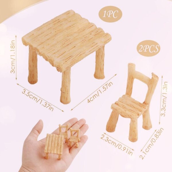 Set aus Mini-Tisch und Stühlen aus Kunstharz für Feengärten und DIY-Dekorationen