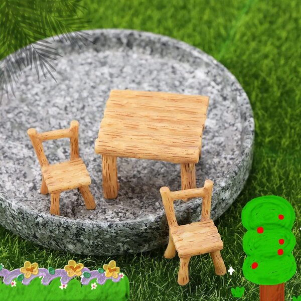 Set aus Mini-Tisch und Stühlen aus Kunstharz für Feengärten und DIY-Dekorationen
