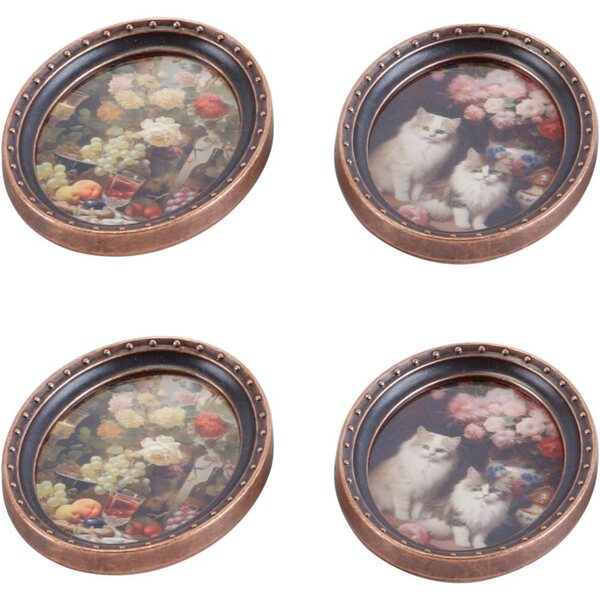 4 Mini Cornici Ovali Vintage in Bronzo con Stampe Natura Morta per Casa delle Bambole