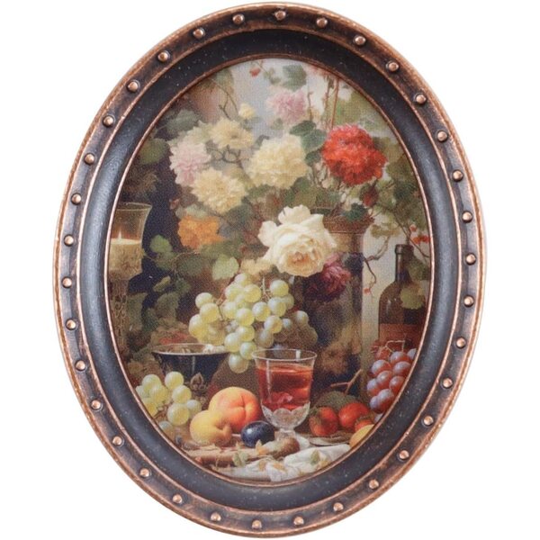 4 Mini Cornici Ovali Vintage in Bronzo con Stampe Natura Morta per Casa delle Bambole