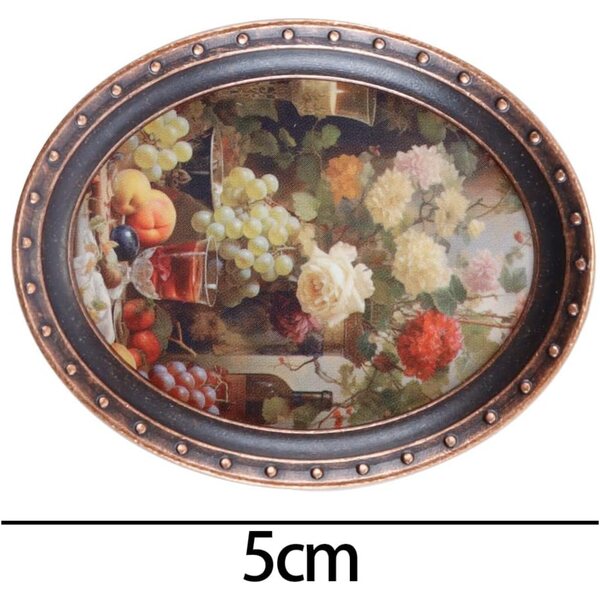 4 Mini Cornici Ovali Vintage in Bronzo con Stampe Natura Morta per Casa delle Bambole