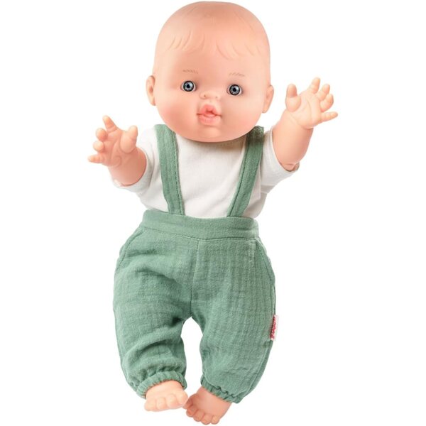 34 cm große Heless-Babypuppe aus Bio-Baumwolle mit salbeigrünem Overall und weißem T-Shirt