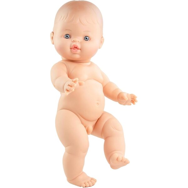 34 cm große Heless-Babypuppe aus Bio-Baumwolle mit salbeigrünem Overall und weißem T-Shirt
