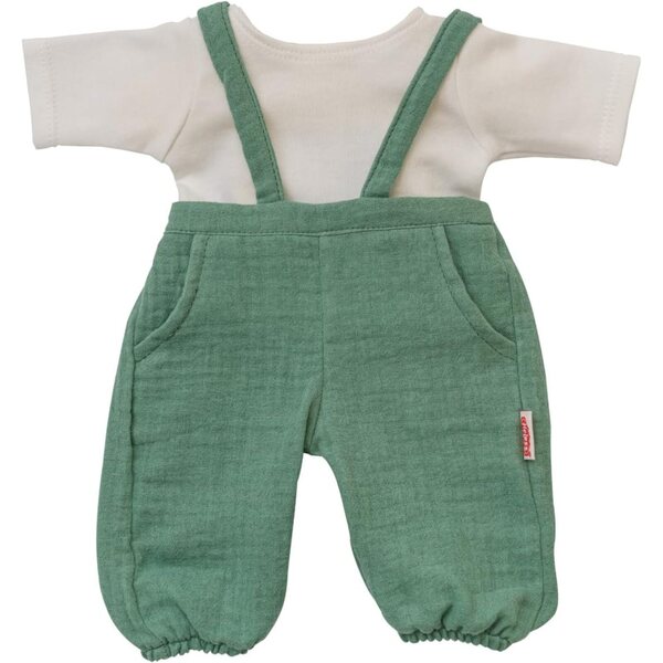34 cm große Heless-Babypuppe aus Bio-Baumwolle mit salbeigrünem Overall und weißem T-Shirt