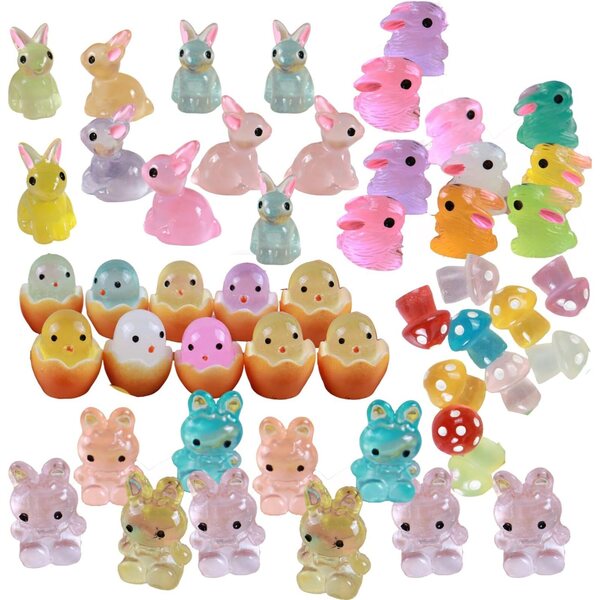 Kit 50 Mini Animali in Resina per Decorazioni di Pasqua Luminescenti e Colorate