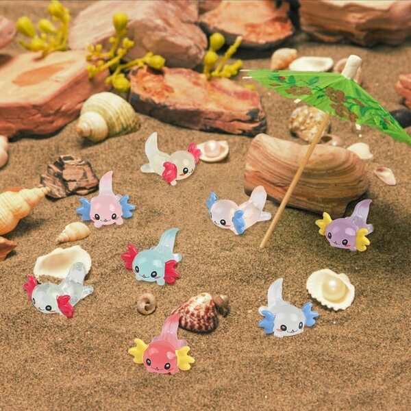 Set 24 Mini Figurine Axolotl in Resina Luminose 8 Colori per Festa e Decorazioni