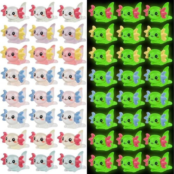 Set 24 Mini Figurine Axolotl in Resina Luminose 8 Colori per Festa e Decorazioni