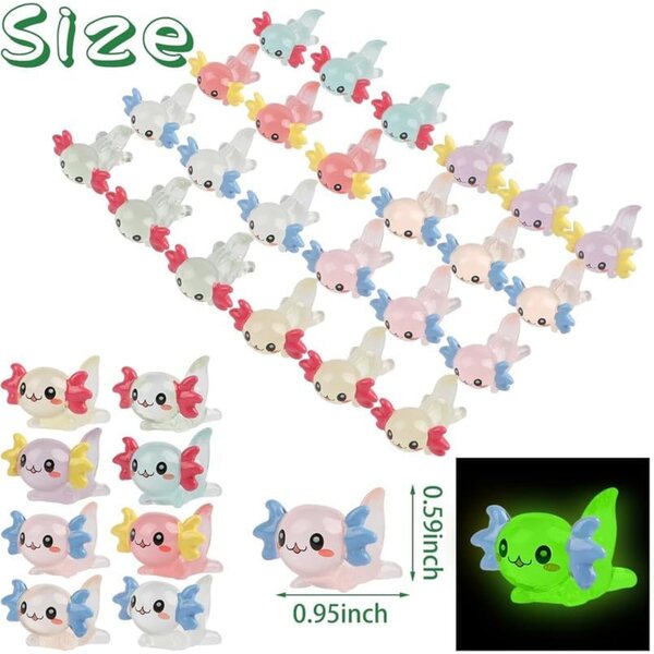 Set 24 Mini Figurine Axolotl in Resina Luminose 8 Colori per Festa e Decorazioni