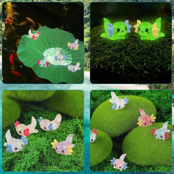 Set 24 Mini Figurine Axolotl in Resina Luminose 8 Colori per Festa e Decorazioni