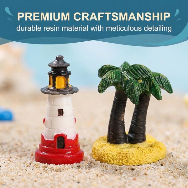 13-teiliges Strand-Miniatur-Set mit Leuchtturm, Palmen und Meereselementen für kreative Dekorationen