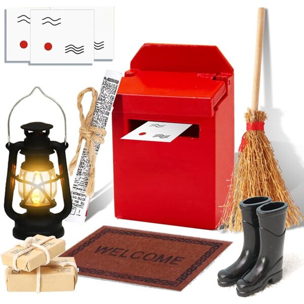 Set 7 Accessori Miniature Rosse in Legno per Casa delle Bambole e Giardini