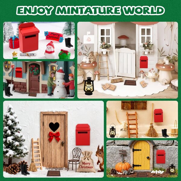Set 7 Accessori Miniature Rosse in Legno per Casa delle Bambole e Giardini
