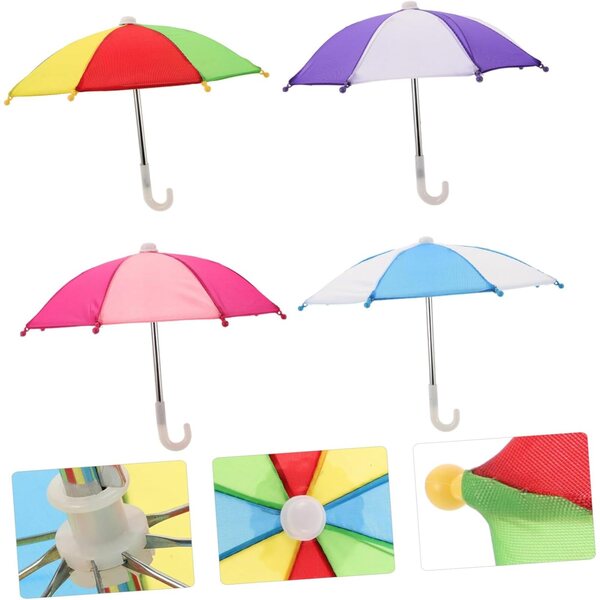 Set mit 4 kleinen dekorativen Parapluie für das Puppenhaus aus Metall und Stoff