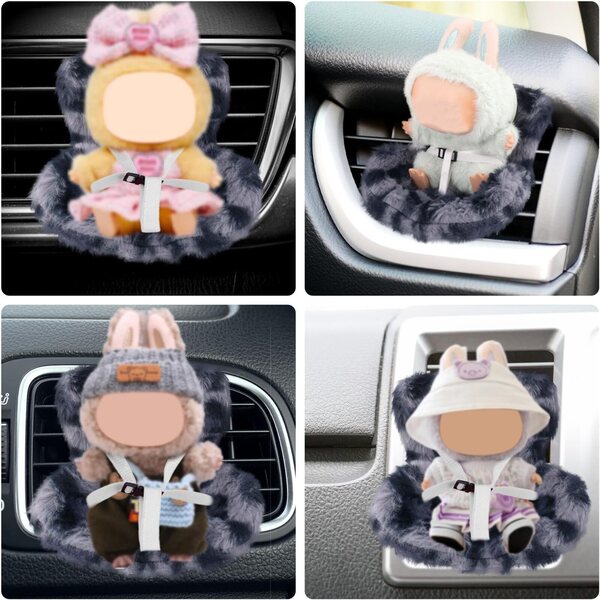 Sedile Auto Peluche pour bamboles con Clip e Griglia d'Aerazione Blu-Grigio Leopardo