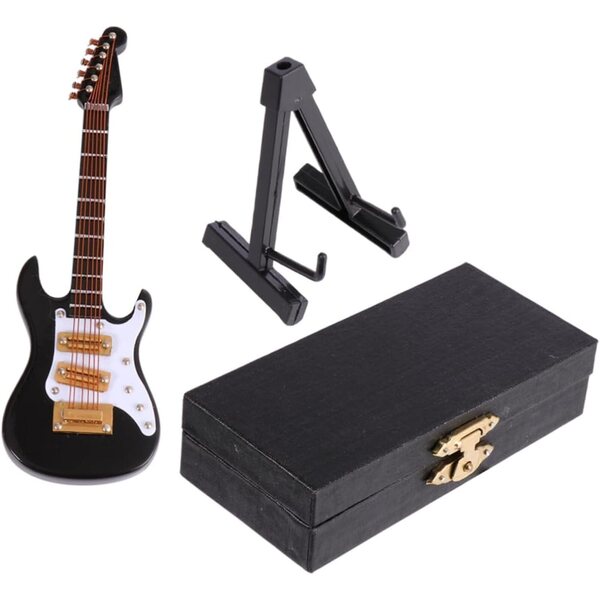 Mini chitarra elettrica nera in plastica con supporto, decorazione casa e ufficio