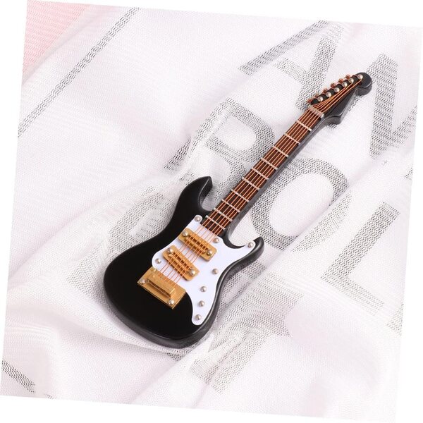 Mini-E-Gitarre aus schwarzem Kunststoff mit Ständer, Heim- und Bürodekoration