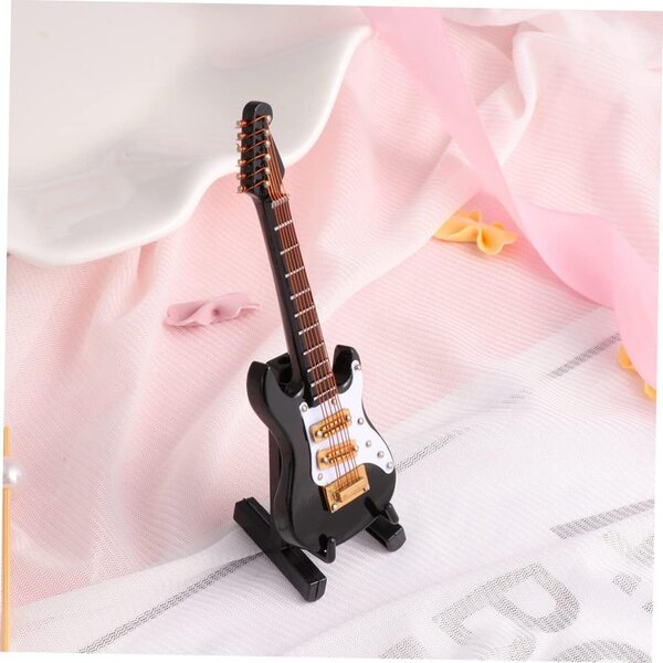Mini-E-Gitarre aus schwarzem Kunststoff mit Ständer, Heim- und Bürodekoration