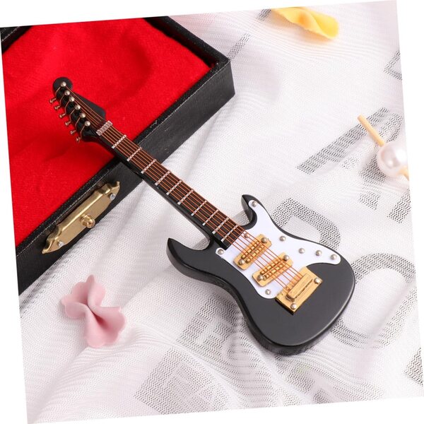 Mini-E-Gitarre aus schwarzem Kunststoff mit Ständer, Heim- und Bürodekoration