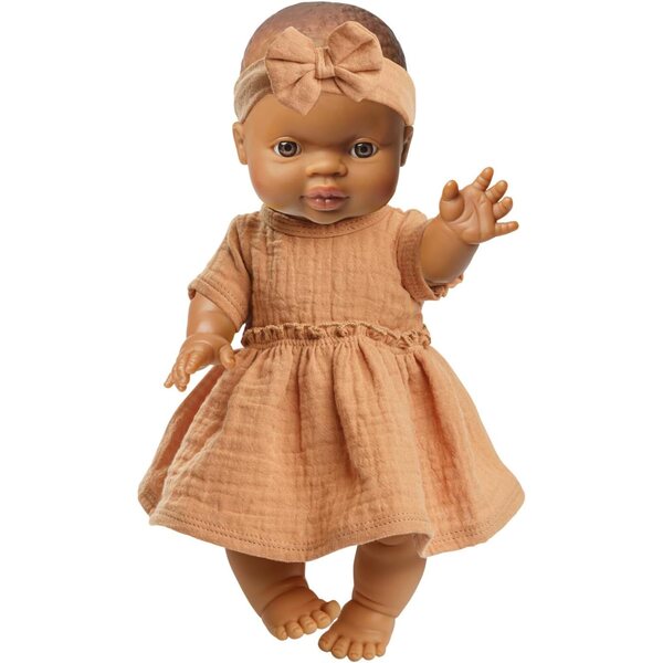 34 cm große Babypuppe aus Bio-Baumwolle mit karamellfarbenem Kleid – Heless 54024