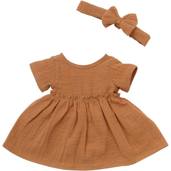 34 cm große Babypuppe aus Bio-Baumwolle mit karamellfarbenem Kleid – Heless 54024