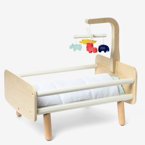 Holzbett für Oxybul-Puppe mit farbenfrohen Möbeln und Bettwäsche-Set inklusive
