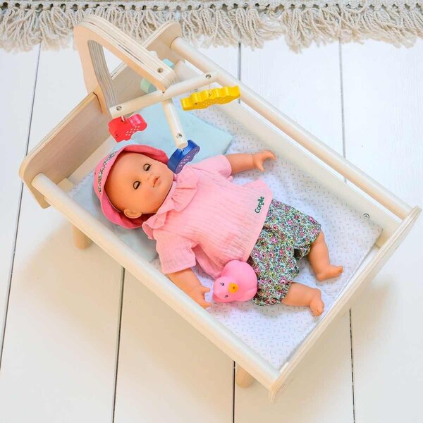 Holzbett für Oxybul-Puppe mit farbenfrohen Möbeln und Bettwäsche-Set inklusive