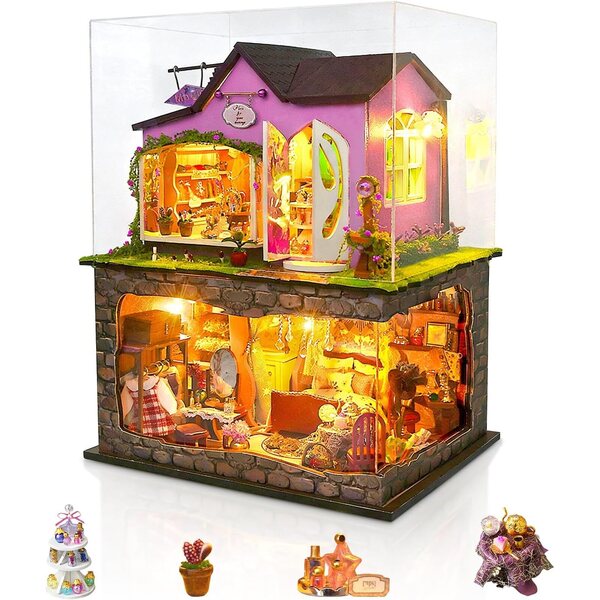 DIY-Miniaturhaus-Bausatz mit LED-Leuchten und Staubschutz, 2 magischen Etagen