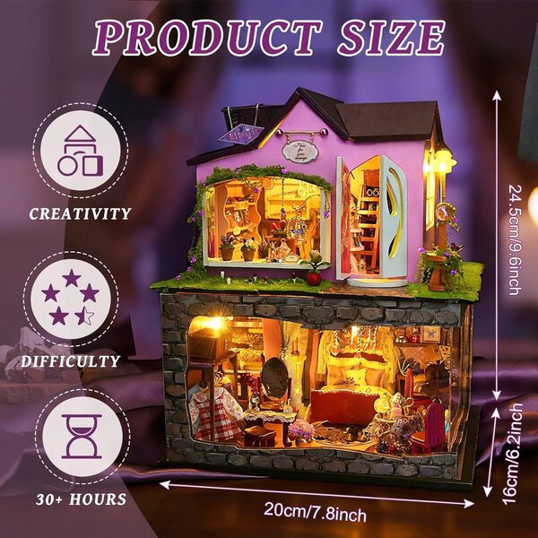 DIY-Miniaturhaus-Bausatz mit LED-Leuchten und Staubschutz, 2 magischen Etagen