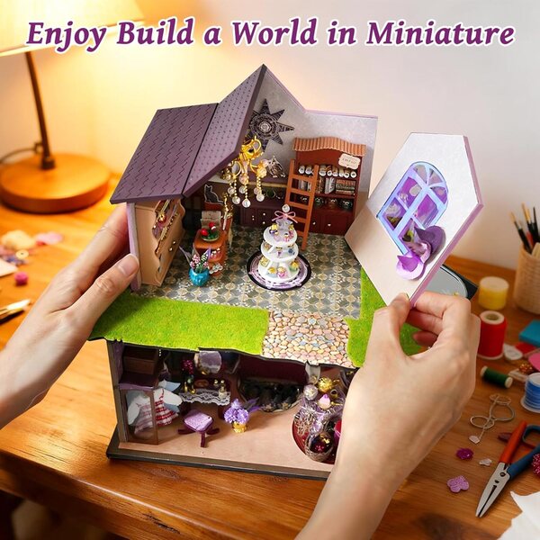 DIY-Miniaturhaus-Bausatz mit LED-Leuchten und Staubschutz, 2 magischen Etagen