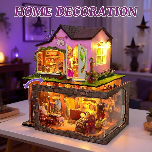 DIY-Miniaturhaus-Bausatz mit LED-Leuchten und Staubschutz, 2 magischen Etagen