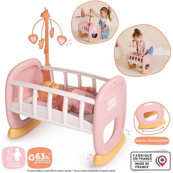 Smoby Baby Nurse Berceau a Barreaux mit Bascule für Puppen bis 42 cm – recycelt